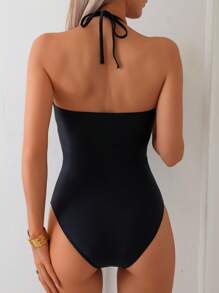 SHEIN Swim 1pc Sexy Backless Black Solid Color Splicing Mesh Spring Break One Piece Swimsuit For Women, New For Summer Beach Vacation - Black - View 2