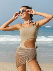 SHEIN Teen Girl Hollow-Out One-Piece Swimsuit (With Beach Skirt) - Apricot - View 1
