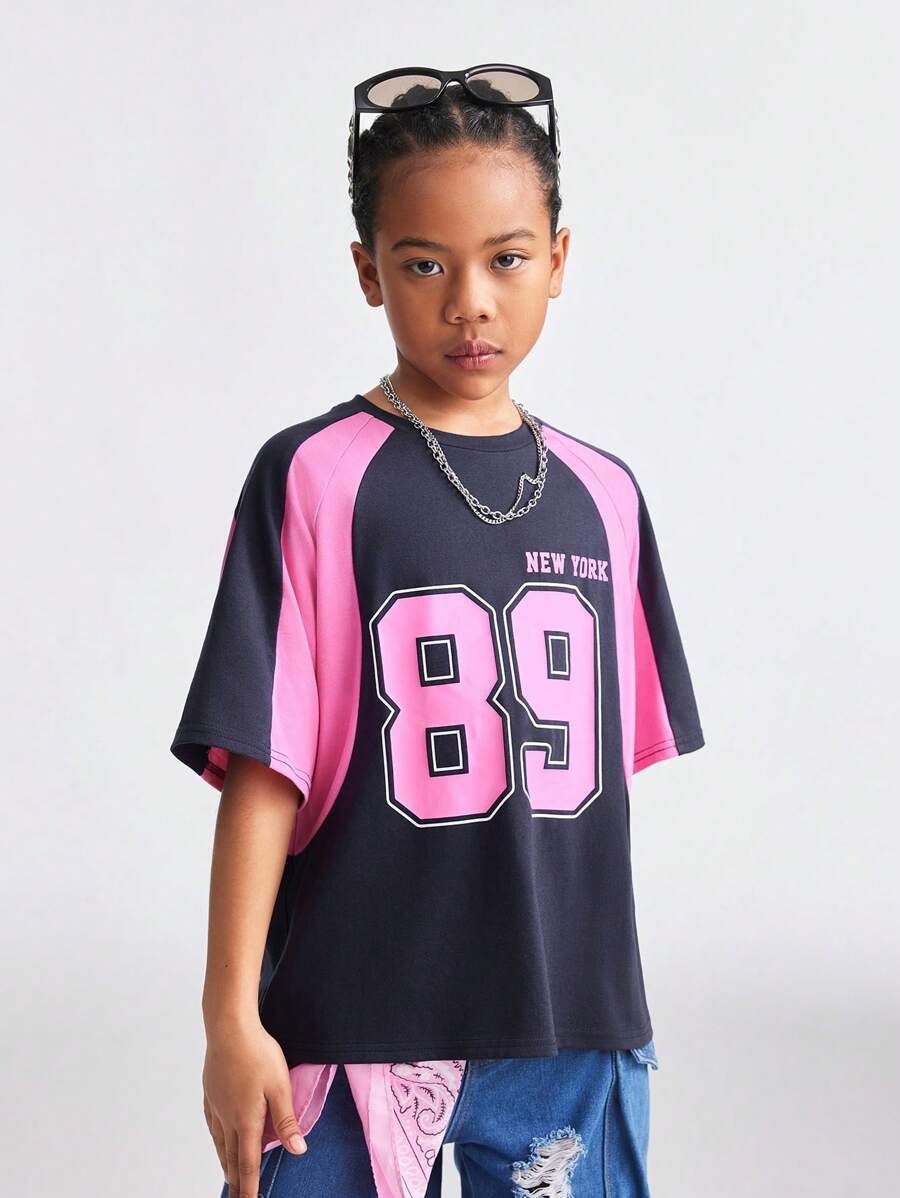 SHEIN Tween Girls Baby Spring/Summer Streetwear Sportswear Number Pattern Patchwork Pink Over Size T-Shirt, Jersey For Girls, Teen Girl Clothes T Shirt Pink 89 Number Pattern Girl Casual Simple Short-Sleeved Round Neck Color Matching T-Shirt, Suitable For Summer - Multicolor - View 1