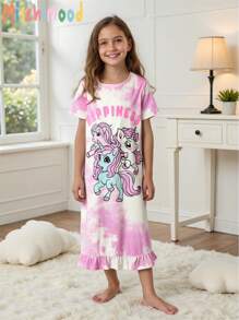 Camisón largo de manga corta con cuello redondo y estampado gráfico de unicornio para niñas preadolescentes, camisón de princesa para dormir, camisón de niña pequeña, camisón pijama para chicas