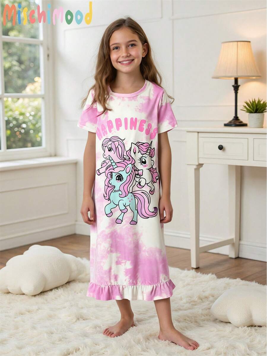 Camisón largo de manga corta con cuello redondo y estampado gráfico de unicornio para niñas preadolescentes, camisón de princesa para dormir, camisón de niña pequeña, camisón pijama para chicas