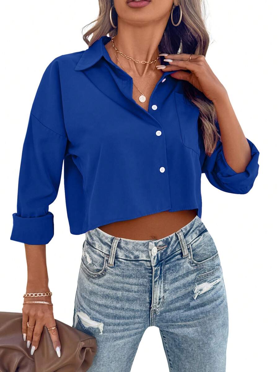 SHEIN LUNE Women's Country Casual Elegant Solid Color Stand Collar Long Sleeve Cropped Blouse, Summer Fall Cloth For Women - Blue - View 1