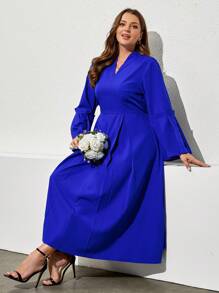 Plus Size Women V-Neck Long Sleeve Pleated Hem Elegant Solid Color Dress