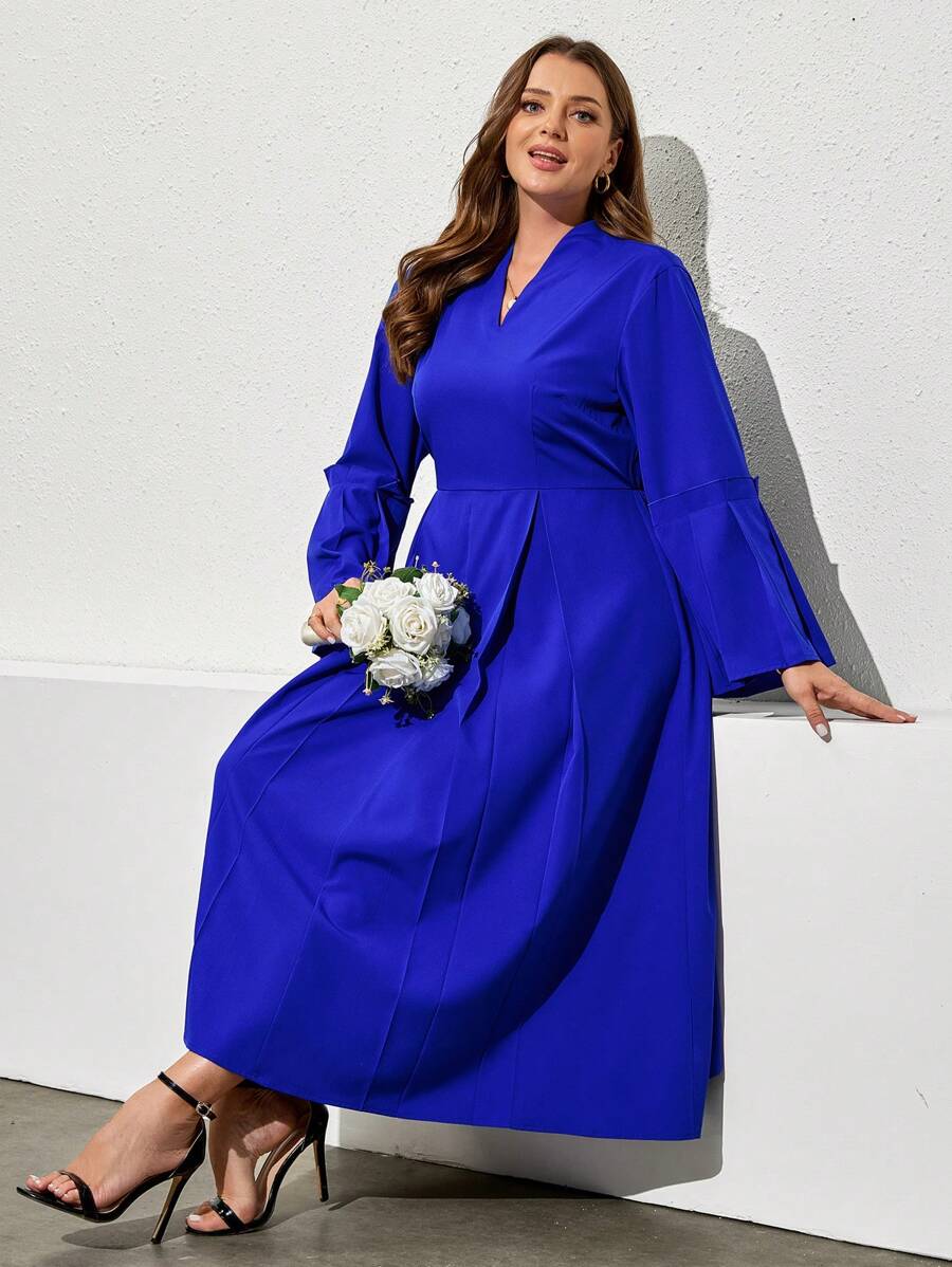 Plus Size Women V-Neck Long Sleeve Pleated Hem Elegant Solid Color Dress