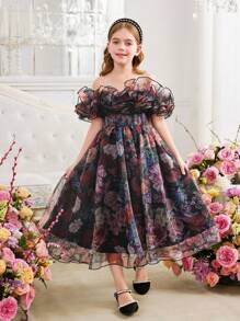 SHEIN Tween Girl Elegant Multi-Layered Ruffle Floral Print Mid-Length Dress Holiday Outfits - Black - View 4