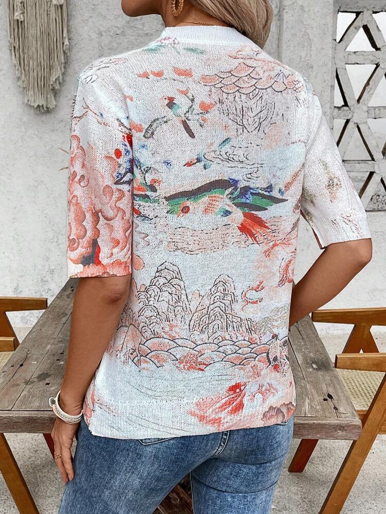 New Vintage Artistic Watercolor Print Pullover Sweater For Women, Spring/Autumn