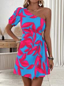 Breezaya Váy đi nghỉ thường ngày cổ bất đối xứng họa tiết cây xanh - Màu Hồng Tươi - Xem 5