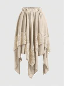 ROMWE Goth Woman Beach Long Skirt With Layered Lace Trim Asymmetrical Hem, For Spring Vacation Outfits - Khaki - View 1