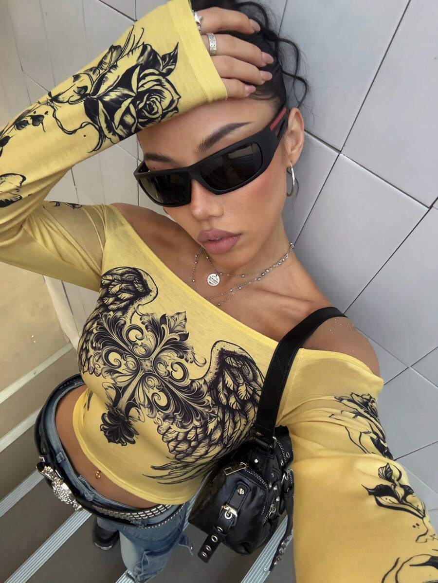 StreetHx 女士露肩长袖心形印花 T 恤，街头风格 - 黃色 - 查看 1