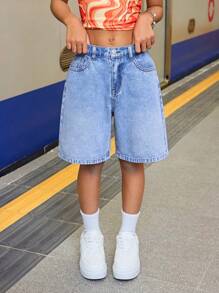 SHEIN Jeans corti a vita alta per ragazze pre-adolescenti, stile Y2K anni 2000, lavati, casual, ampi, a gamba larga, lunghezza al ginocchio, abbigliamento autunnale per ragazze, look da strada per il ritorno a scuola