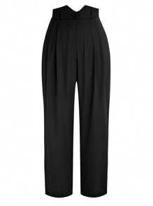 SHEIN LUNE Plus Size Women's Black Casual Fashion Pleated Decorative Zipper Button Waist High Special Angle Design Cuff Long Pants - Black - View 8