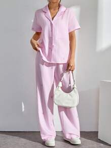 SHEIN PETITE Nuevo conjunto informal de 2 piezas con camisa de manga corta y pantalones con estampado de rayas rojas y blancas