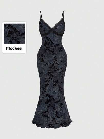 Fairycore Women's Retro Floral Flocked Slip Dress