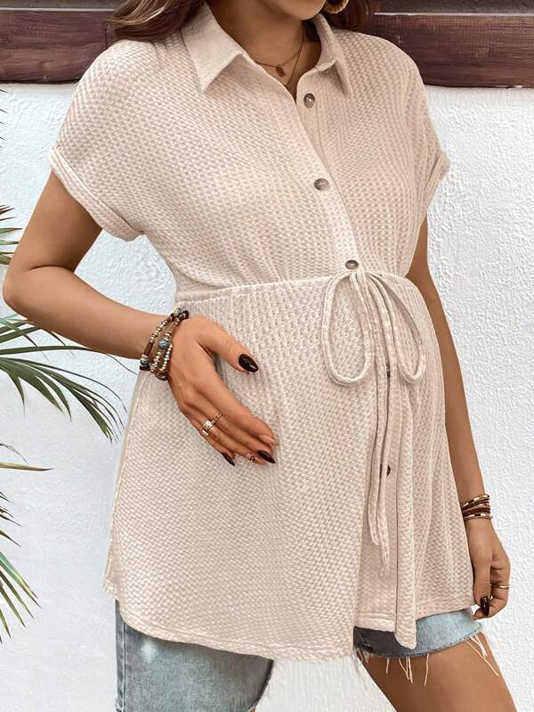 SHEIN Pregnant Women's Solid Color Bat Sleeve Tie-Waist Nursing Shirt