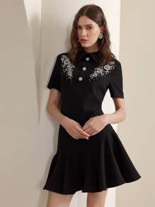 Anewsta Heavy Pearl Embellished Asymmetrical Hem Ruffle Polo Collar Dress For Women, Spring/Summer, Old Money - Black - View 7