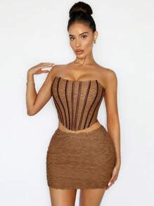 Zolique 2 件套女士纯色抹胸上衣和裙子，休闲时尚，适合日常穿着 - 咖啡棕 - 查看 4