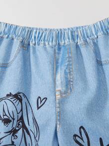 3pcs Tween Girl Street Style Set: Cropped Mesh Short Sleeve Top, Anime Character Print Tank Top & Denim Effect Pants - Black and White - View 5