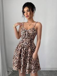 Elenzga Leopard Print Bustier Tie Front A-Line Elegant Romantic Lady Dress - Multicolor - View 5