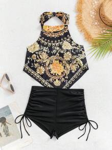 SHEIN Swim 女士复古花卉/植物印花上衣和抽绳泳裤比基尼套装，夏季新款度假泳装，适合夏季海滩度假 - 黑色 - 查看 7