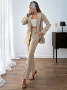 SHEIN PETITE Petite Women Elegant Solid Beige Color Button Front Detailed Long Sleeve Blazer Jacket And Long Straight Pants Suit Sets - Beige - View 1