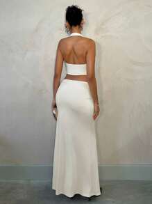 SHEIN BAE 早春女士花园派对优雅装，露背金属扣装饰紧身上衣和褶皱紧身迷你裙，适合浪漫约会、与朋友聚会、早春郊游和派对