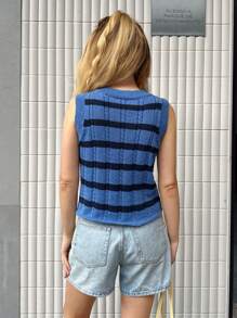 Forever 21 春季新品女士圆领无袖蓝色条纹针织休闲背心上衣 - 藍色 - 查看 2