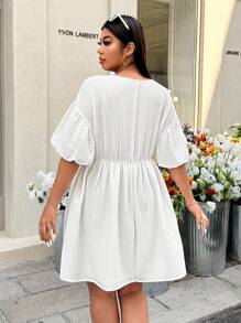 SHEIN EZwear Plus Size Women Beach Vacation,Babydoll,,Brunch Outfits For Women,Graduation,Wedding Guest Dress Women,Casual Round Neck Short Sleeve Ruffled Hem Sun Dress,Spring Summer Clothes