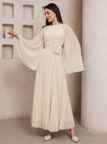 Veilorie Đầm dài tay họa tiết hoa 3D trơn màu phong cách Ả Rập cho nữ - Màu be - Xem 1