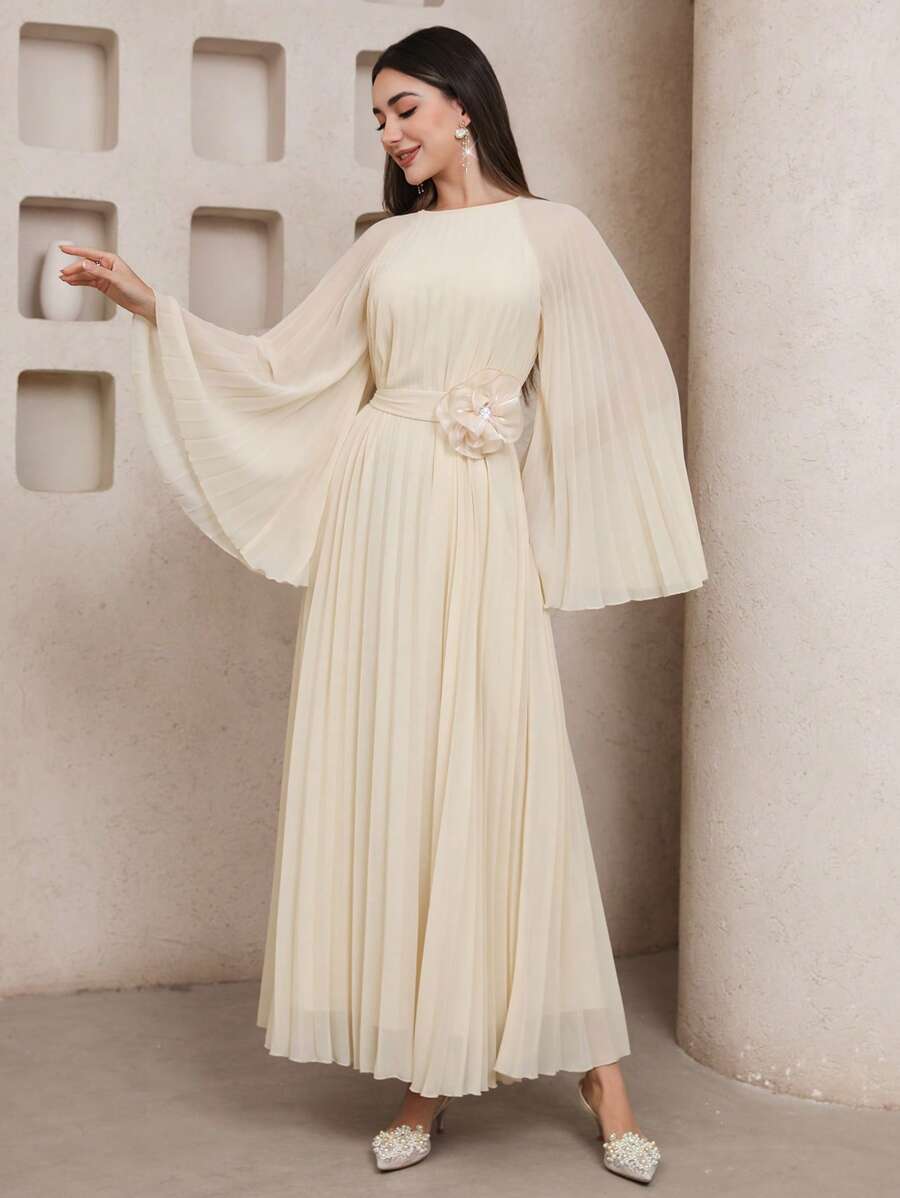 Veilorie Đầm dài tay họa tiết hoa 3D trơn màu phong cách Ả Rập cho nữ - Màu be - Xem 1