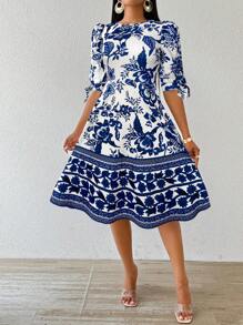 SHEIN Lady Vestidos elegantes de primavera y verano para mujer, conjuntos de vacaciones, vestidos de cumpleaños, vestidos de boda y vestidos de invitada de boda, vestidos de verano, ropa de iglesia. Vestido de mujer con diseño de manga y lazo en estampado floral azul - Azul - Ver 5