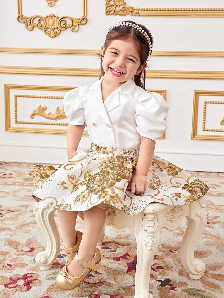 SHEIN Babygirl 花卉印花优雅短袖衬衫和迷你裙套装(夏季) - 彩色 - 查看 1