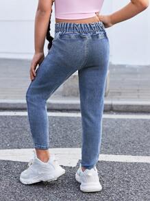 SHEIN Young Girl Y2K Blue Elastic Denim Leggings,Spring And Summer Girls Casual Vacation Hobo Wear - Dark Wash - View 2