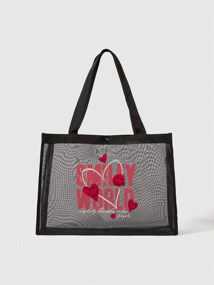 SmileyWorld® | SHEIN Bolso de mano grande con estampado de letras y corazones para mujer - Negro - Ver 1