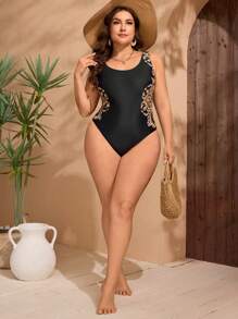 Swim Lushoire Plus Size Women Printed Standard Sleeveless Casual One-Piece Swimsuit, Suitable For Swimming Pool, Beach, Holiday, For Summer Vacation