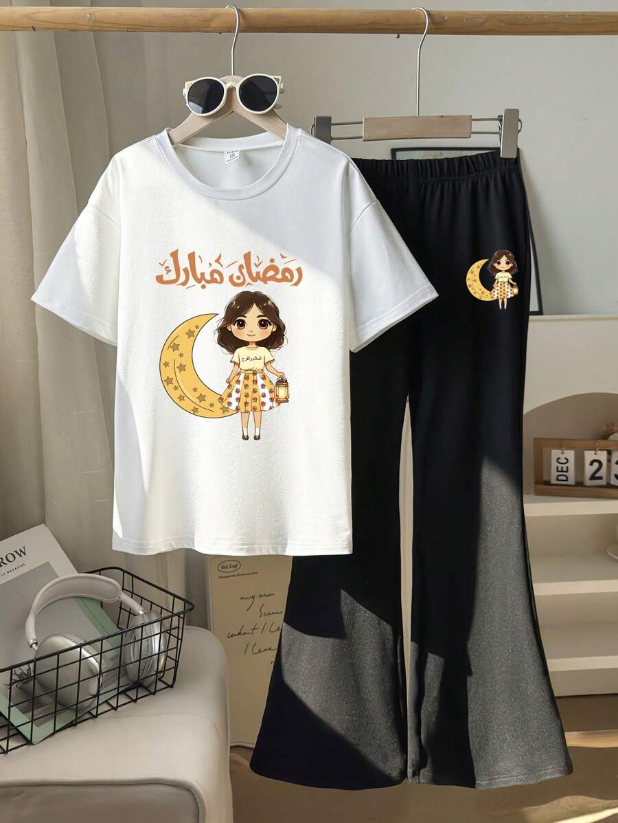 Tween Girl Moon Castle Print Short Sleeve T-Shirt & Fitted Flare Pants Set, Suitable For Ramadan Season - White - View 1