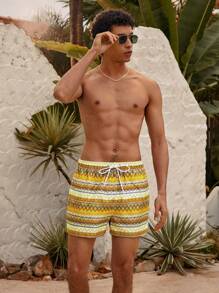 Manfinity Men's Wavy Striped Print Drawstring Waist Beach Shorts - Multicolor - View 3