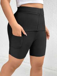 SHEIN Essnce Plus Size Women's Pinched Leggings, Black Leggings With Pockets, Quarter Pants,Summer,High-Waisted Leggings - Black - View 5