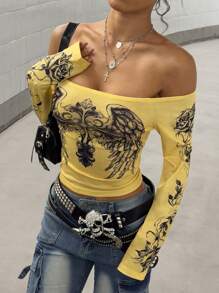 StreetHx 女士露肩长袖心形印花 T 恤，街头风格 - 黃色 - 查看 4