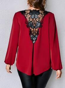 EMERY ROSE Camisas de manga larga para mujer talla grande para el Día de San Valentín, elegante camisa roja con costuras de encaje negro, ropa de primavera