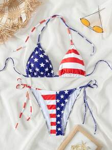 Swim Vcay Women 2pcs/Set Springbreak USA Flag Print Spaghetti Strap Summer Beachwear Bikini Set Outfits, 4th Of July - Multicolor - View 1