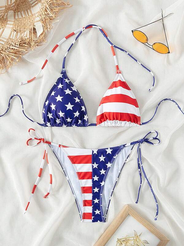 Swim Vcay Set bikini pentru femei, 2 buc/set, Springbreak, cu imprimeu cu steagul SUA, bretele spaghete, vară, plajă, ținute de plajă, 4 iulie