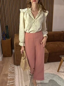 Chiquease 女士舒适棉质休闲裤，适合户外、度假，卷边下摆和侧纽扣设计，春夏 - 珊瑚粉 - 查看 3
