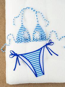 Swim Mod Bikini de ropa de baño con bordado floral y rayas para mujer, perfecto para vacaciones de verano en la playa - Multicolor - Ver 4