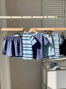 SHEIN Leap Crew 6pcs/Set Baby Boy & Girl Summer Casual Versatile Knit Patchwork Short Sleeve T-Shirt & Shorts Sets, Suitable For Spring/Summer Indoor & Outdoor Wear - Blue - View 2
