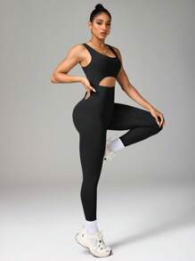 Easithlete 女士镂空吊带休闲连体裤，简约时尚，适合日常穿着 - 黑色 - 查看 5