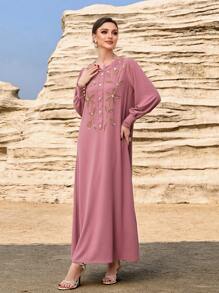 Layrah Handmade Beaded Round Neck Long Sleeve Maxi Dress, For Holiday - Coral Pink - View 6