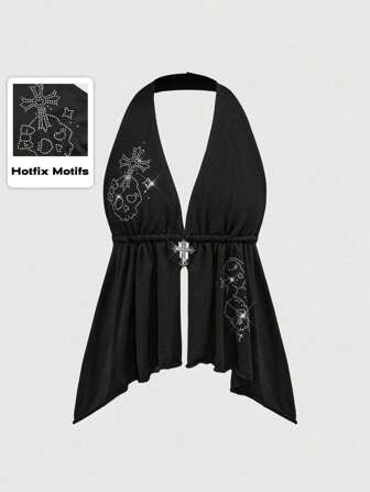 Y2K Sexy Katzenfigur Skelett Kreuz Strass Dekor rückenfrei Spaghetti-Träger Halskette für Frauen