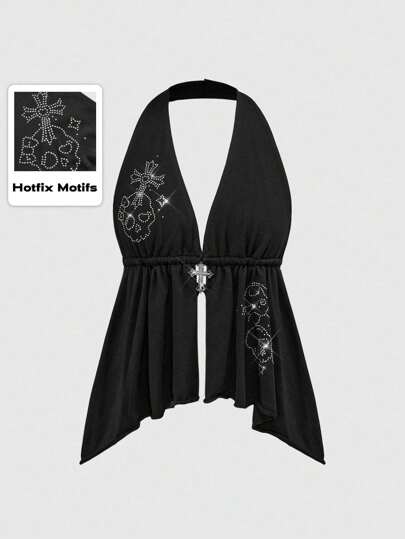 Collar con tirantes de espagueti y espalda descubierta para mujer, decorado con esqueleto de gato, cruz y rhinestones, al estilo Y2K