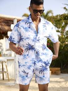 Manfinity Swimmode Men's Coconut Tree Print Short Sleeve Shirt And Shorts Set, Summer Beach Man Swim Trunks - Blue and White - View 4