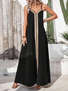 Breezaya Solid Color Spaghetti Strap V-Neck Ribbon Splice Casual Holiday Dress For Women